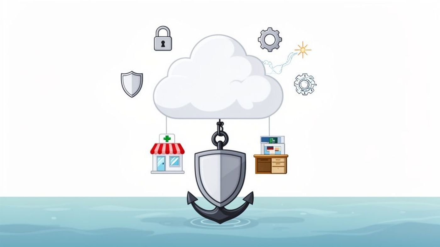 A cloud computing diagram featuring security symbols, businesses, and an anchor in water.