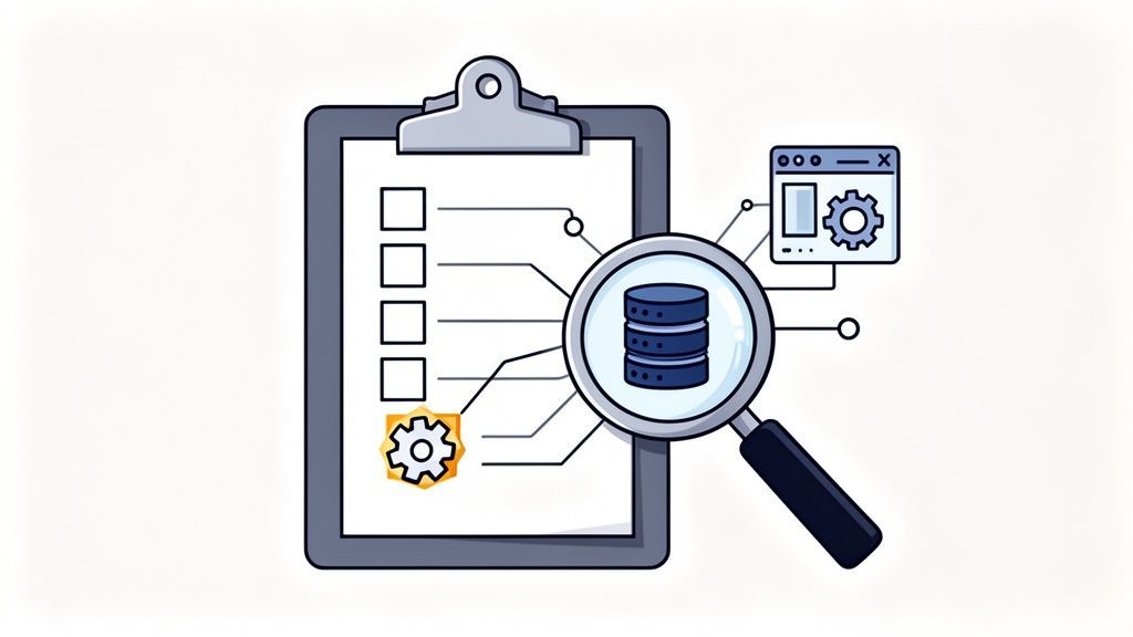 Magnifying glass examining a checklist with database servers and connected process settings, symbolizing data migration or analysis.