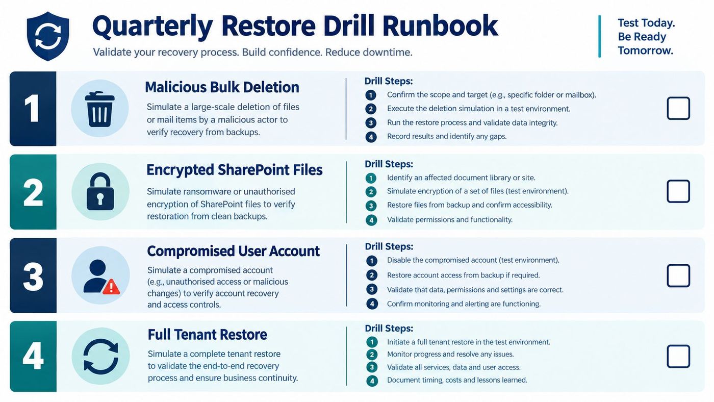 A structured Quarterly Restore Drill Runbook infographic detailing four data recovery scenarios with associated testing steps.
