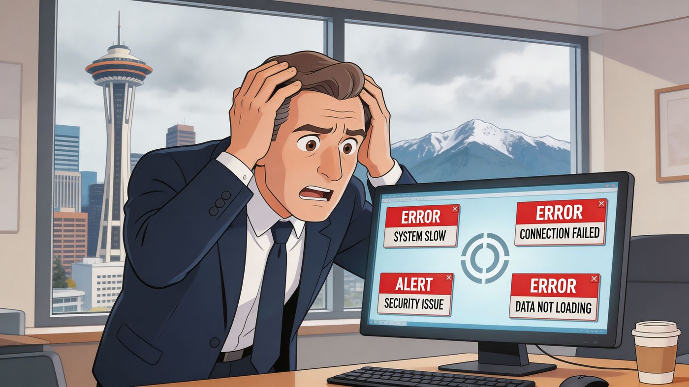 A stressed businessman looking at multiple error messages on his office computer screen in Vancouver.