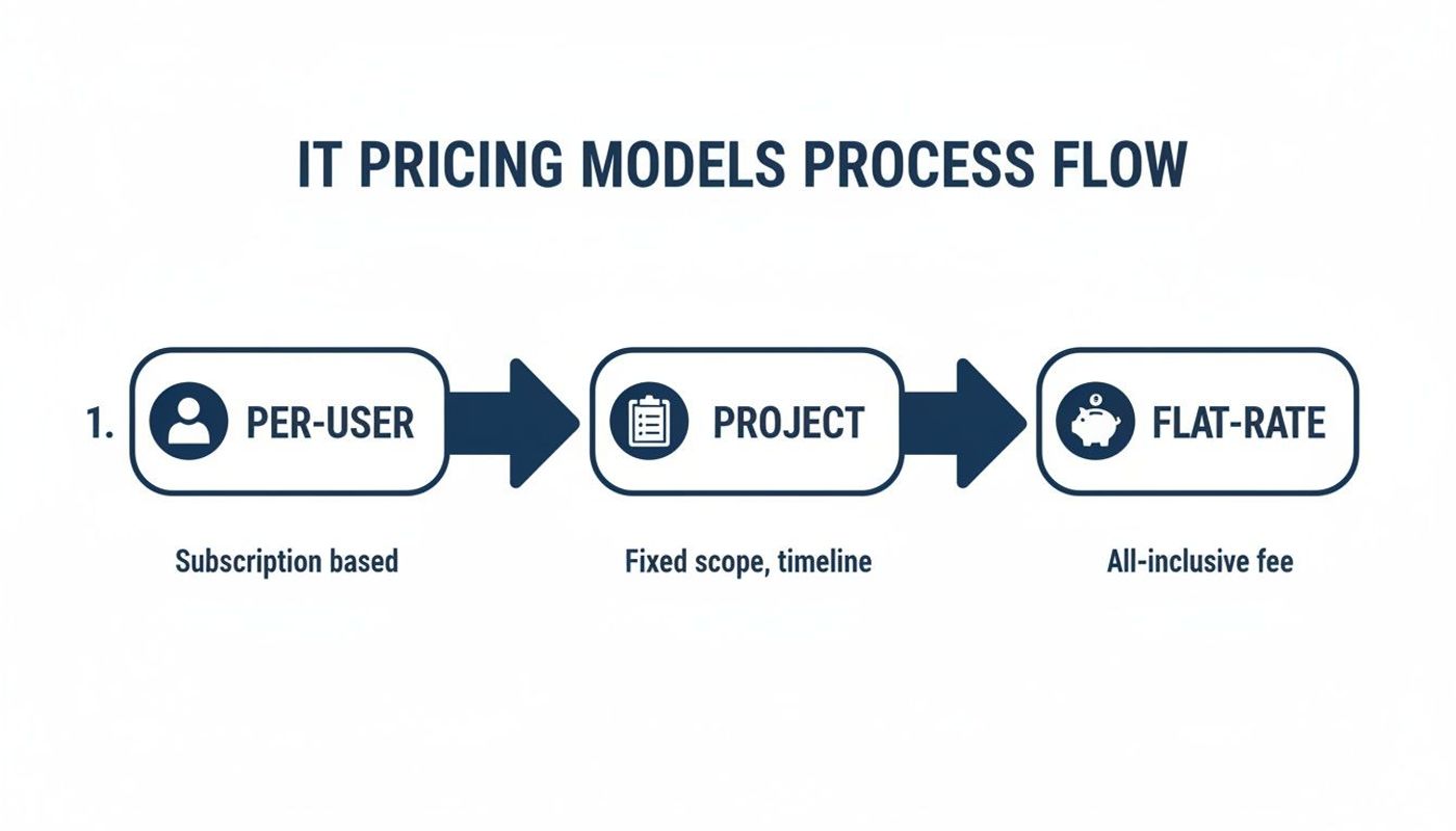 IT pricing models process flow diagram showing per-user, project, and flat-rate options with descriptions.
