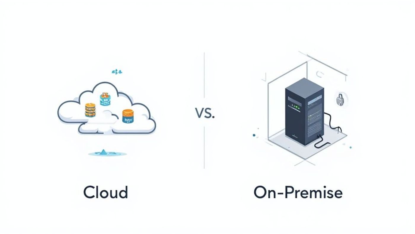 Illustration comparing cloud computing, represented by a cloud with databases, versus on-premise server infrastructure.