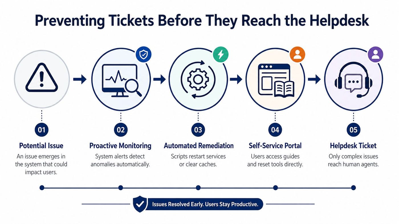 A process flow diagram illustrating five steps to prevent technical issues from reaching the IT helpdesk.