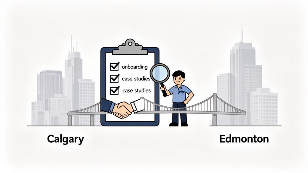 Illustration of a business connection between Calgary and Edmonton, showing a checklist, handshake, and magnifying glass.