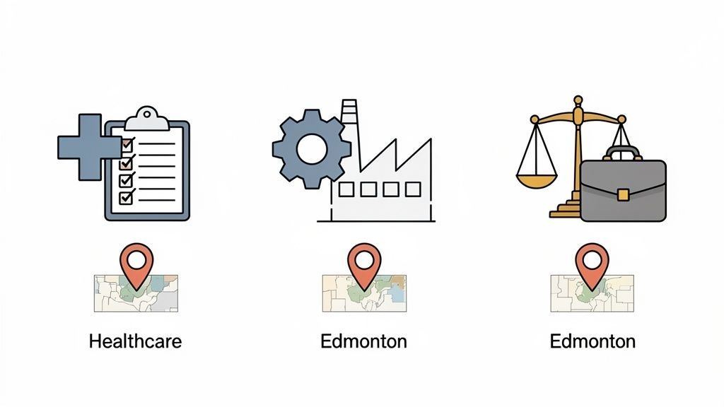 Icons representing healthcare, industry, and legal services, each with a map and location pin for Edmonton.