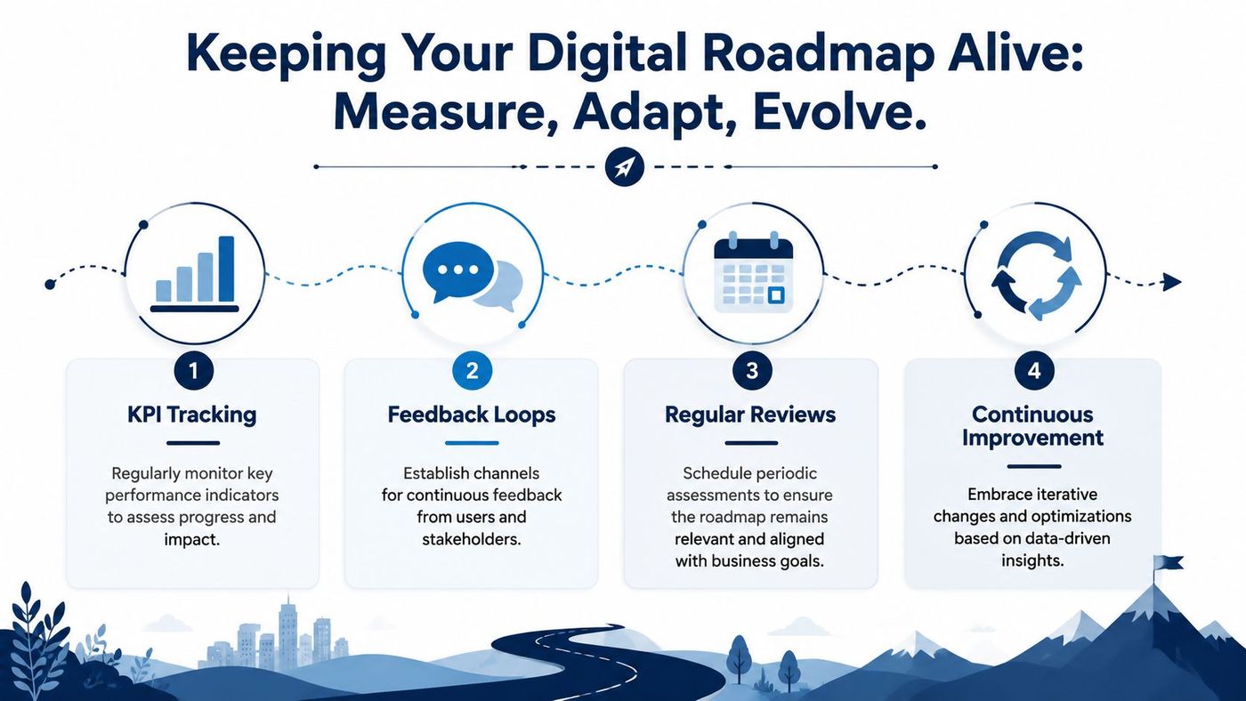 A four-step guide on how to keep a digital transformation roadmap active through measurement and adaptation.