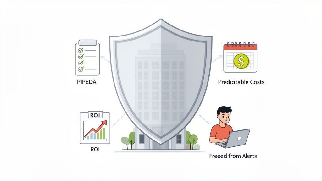 A shield protects a building, surrounded by icons for compliance, predictable costs, ROI, and alert-free operations.