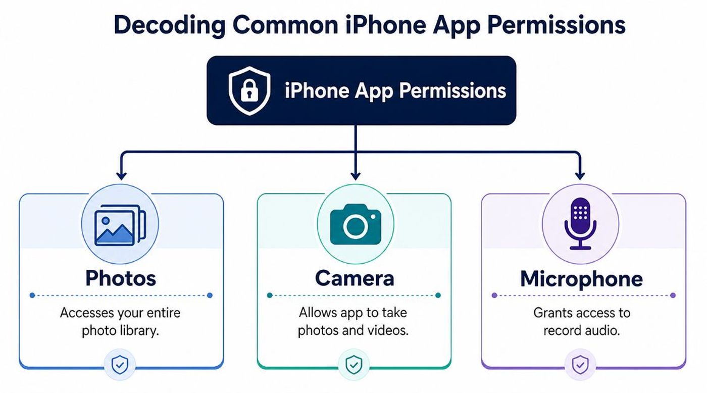 A diagram explaining three common iPhone app permissions: access to your photos, camera, and microphone.