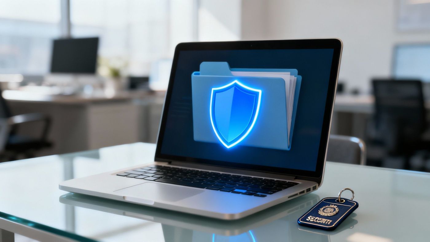 A digital shield icon surrounded by smaller icons representing threat detection, data encryption, and compliance checks, symbolizing enhanced cybersecurity and compliance.
