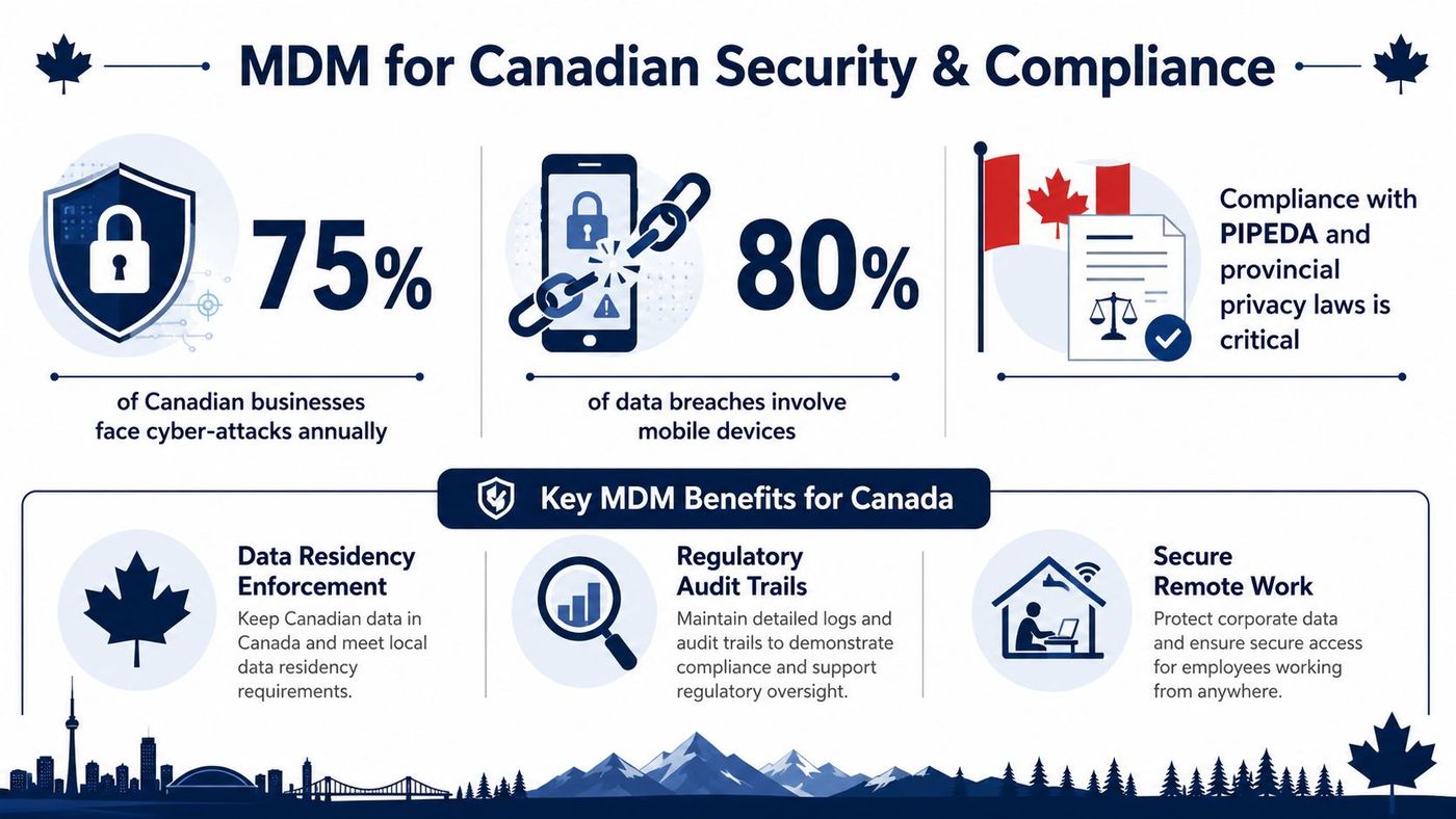 An infographic highlighting the benefits of MDM for Canadian security, compliance, data privacy, and remote work protection.