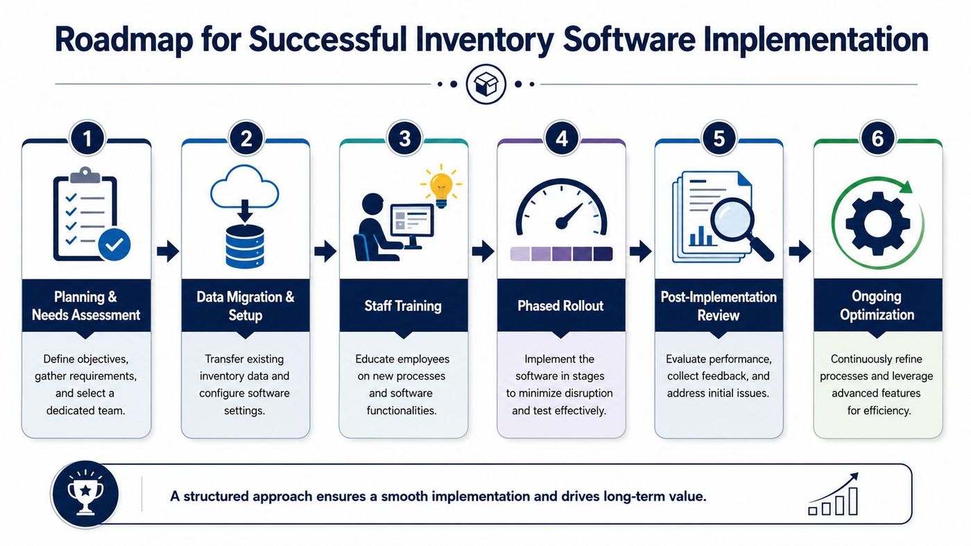 A six-step roadmap graphic illustrating the successful implementation process for new inventory management software solutions.