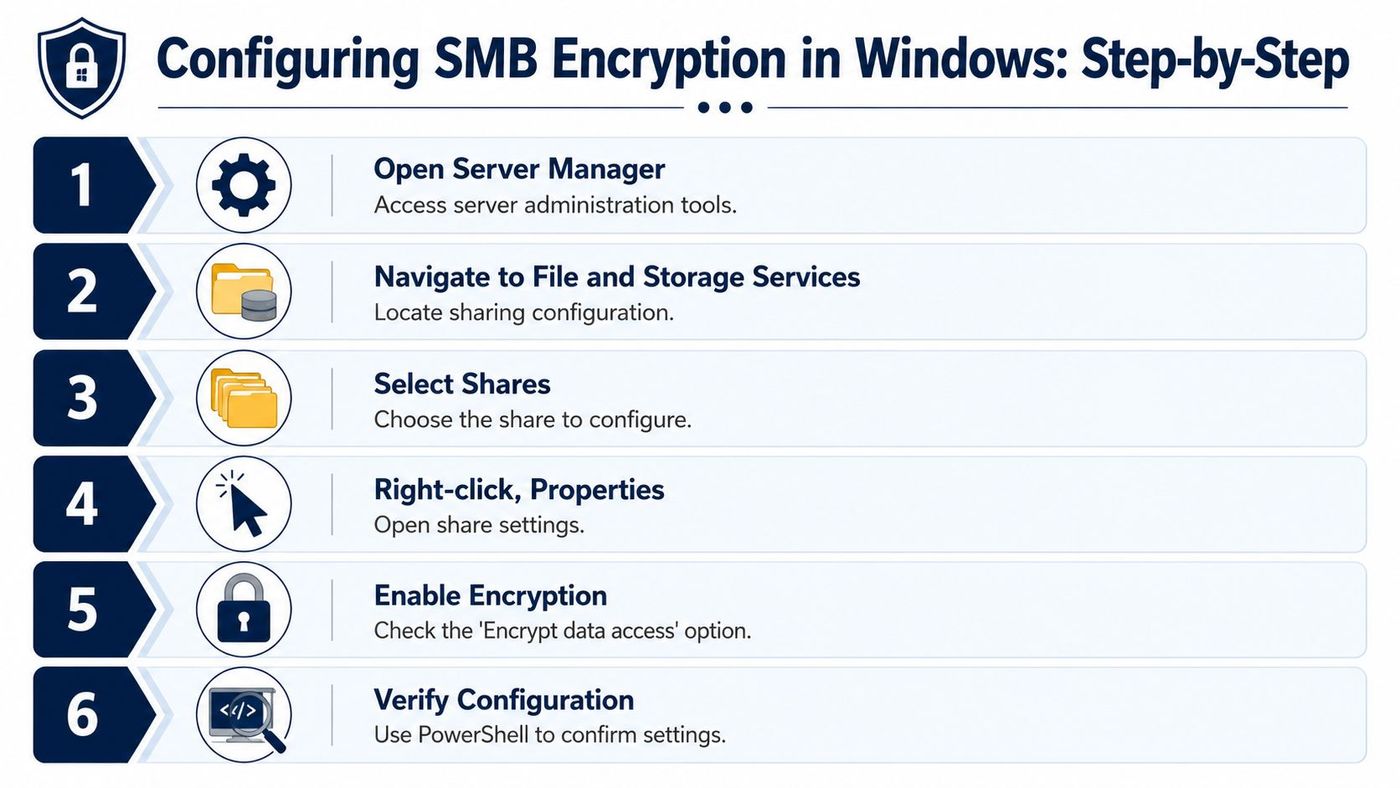 A six-step infographic guide detailing how to configure SMB encryption on a Windows server system.