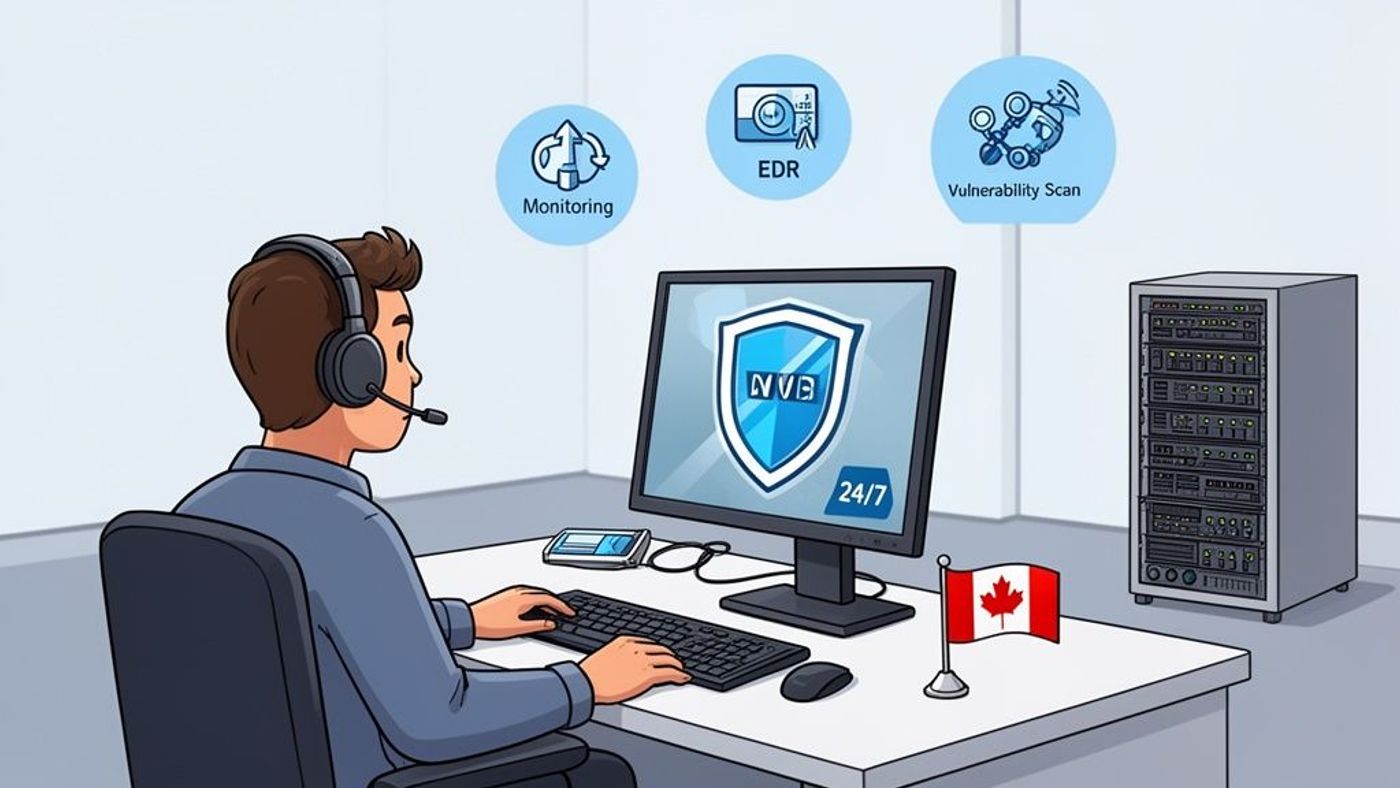 Cybersecurity professional monitoring a computer with NVB shield, offering 24/7 services like EDR and vulnerability scanning from Canada.