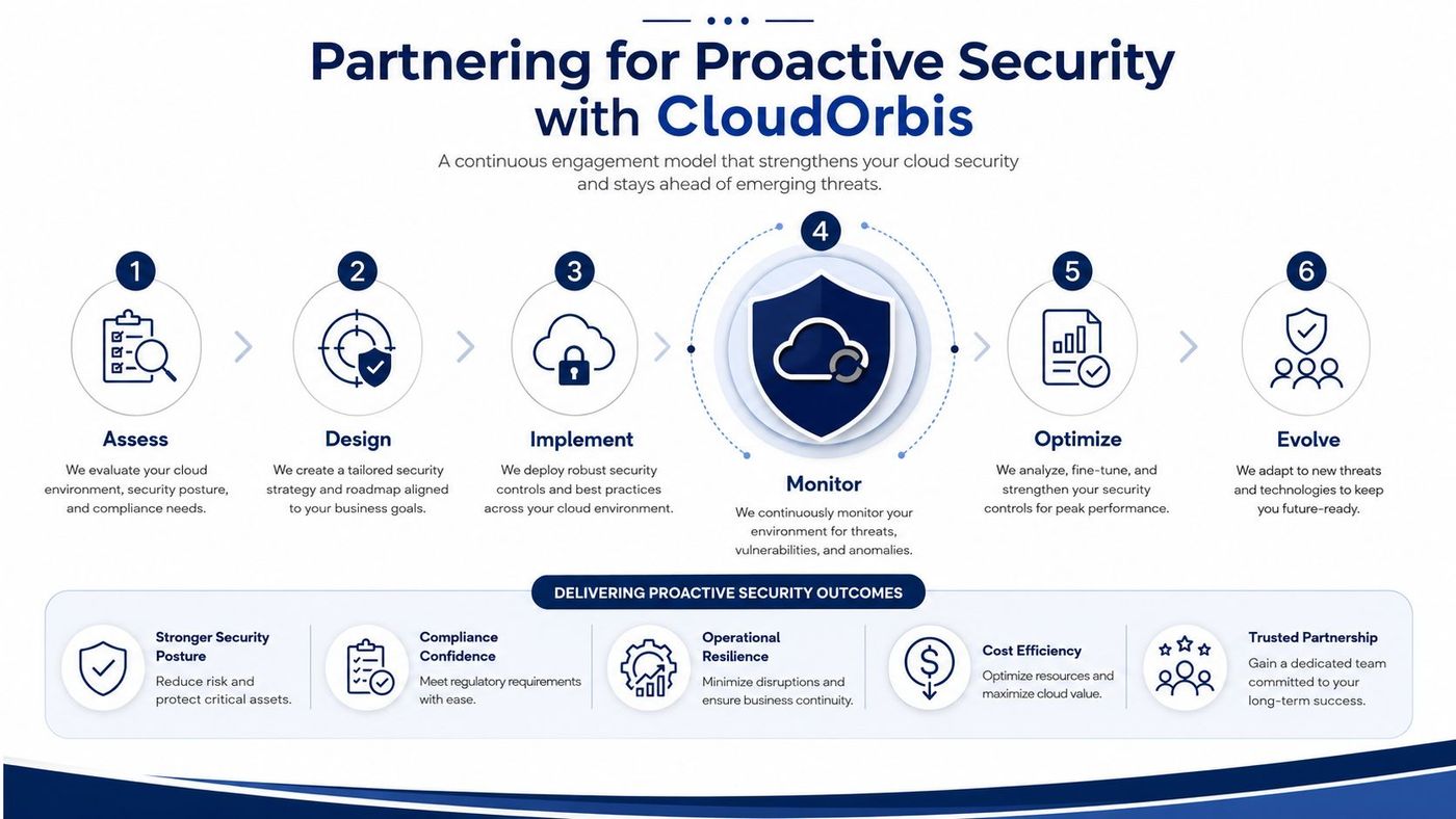 A six-step infographic demonstrating the CloudOrbis continuous engagement model for proactive cloud application security and threat management.
