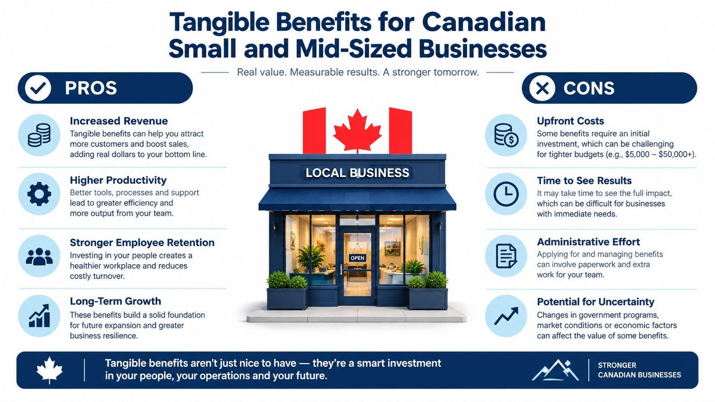 An infographic showing the pros and cons of investing in tangible benefits for Canadian small businesses.