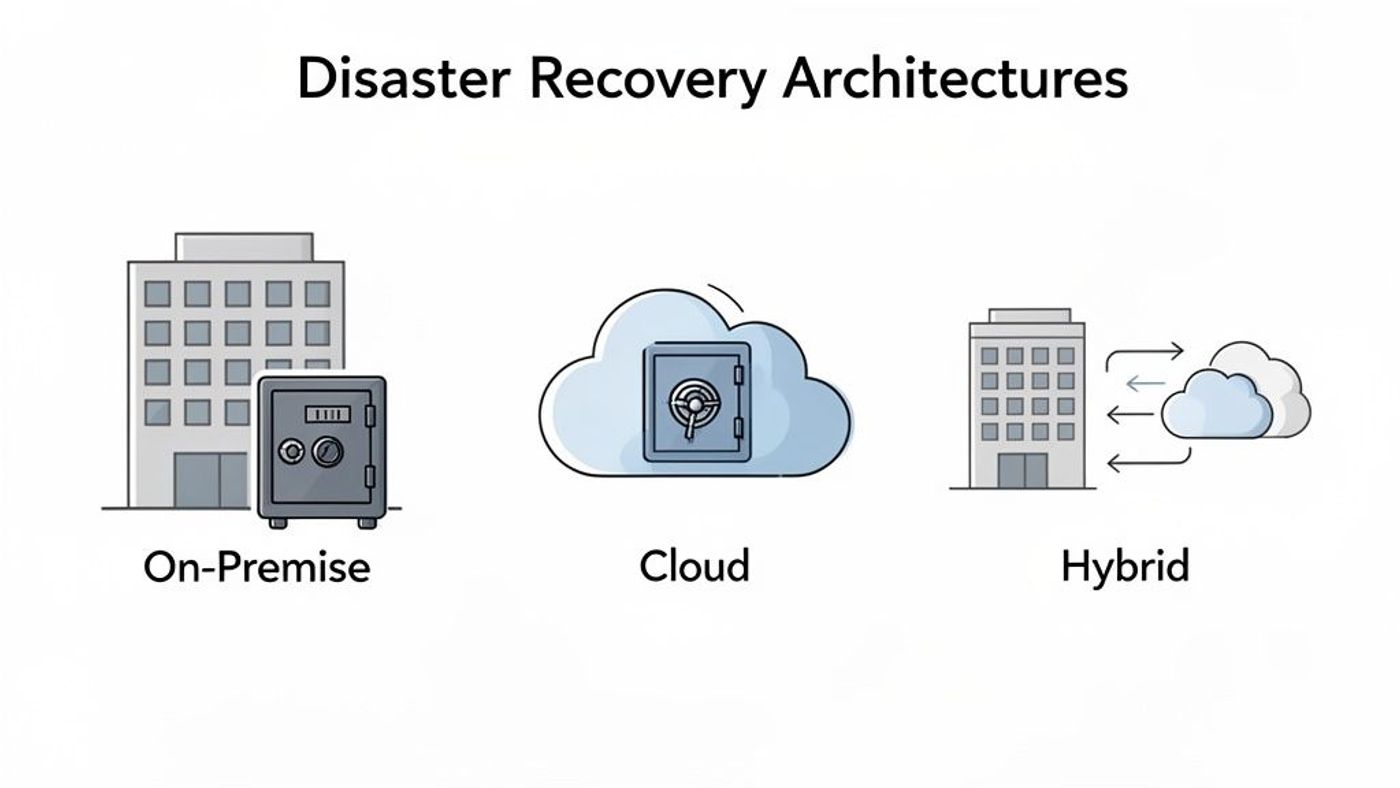 An infographic illustrating three disaster recovery architectures: On-Premise, Cloud, and Hybrid options with icons.