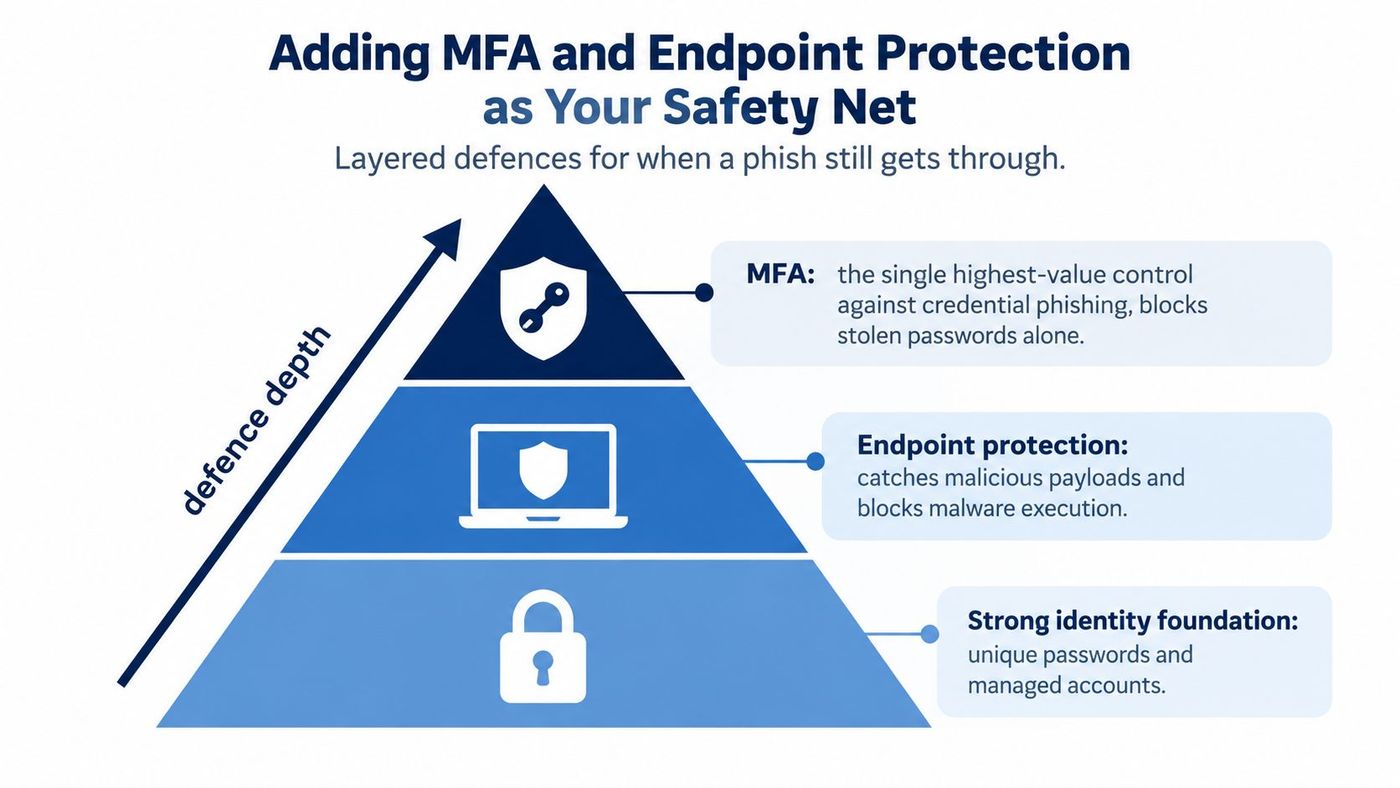 A pyramid diagram showing a tiered security approach to mitigate phishing attacks including strong identity, endpoint protection, and MFA.