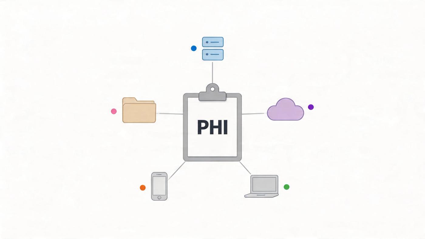 A diagram with a central clipboard labeled PHI connected to a server, folder, cloud, phone, and laptop.