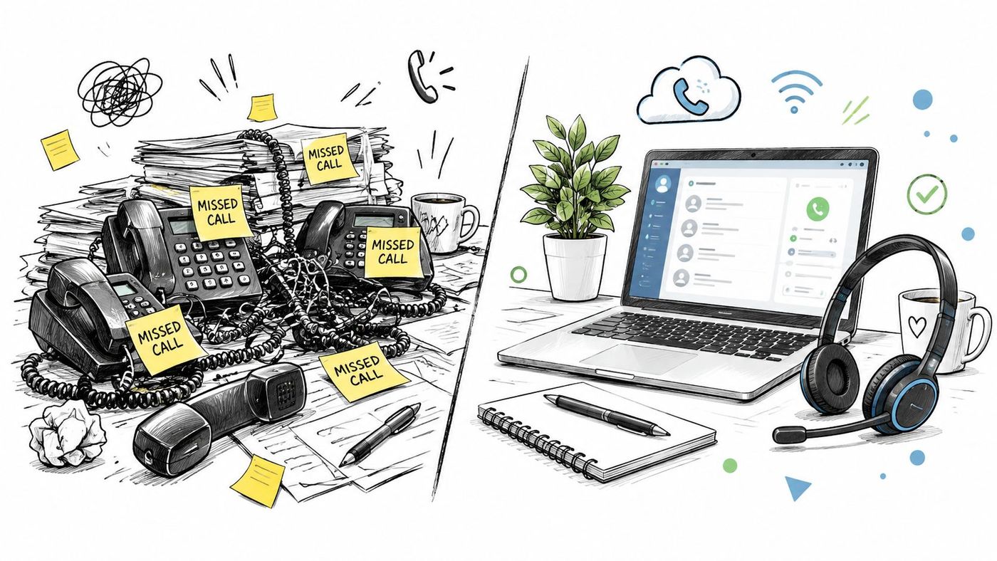 A split image comparing disorganized traditional office desk phones to an efficient digital VoIP workstation setup.