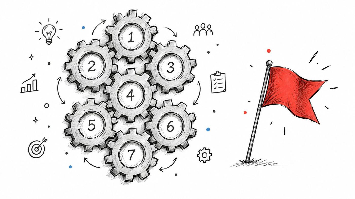 A hand-drawn illustration showing seven interconnected gears with numbers leading toward a red goal flag.