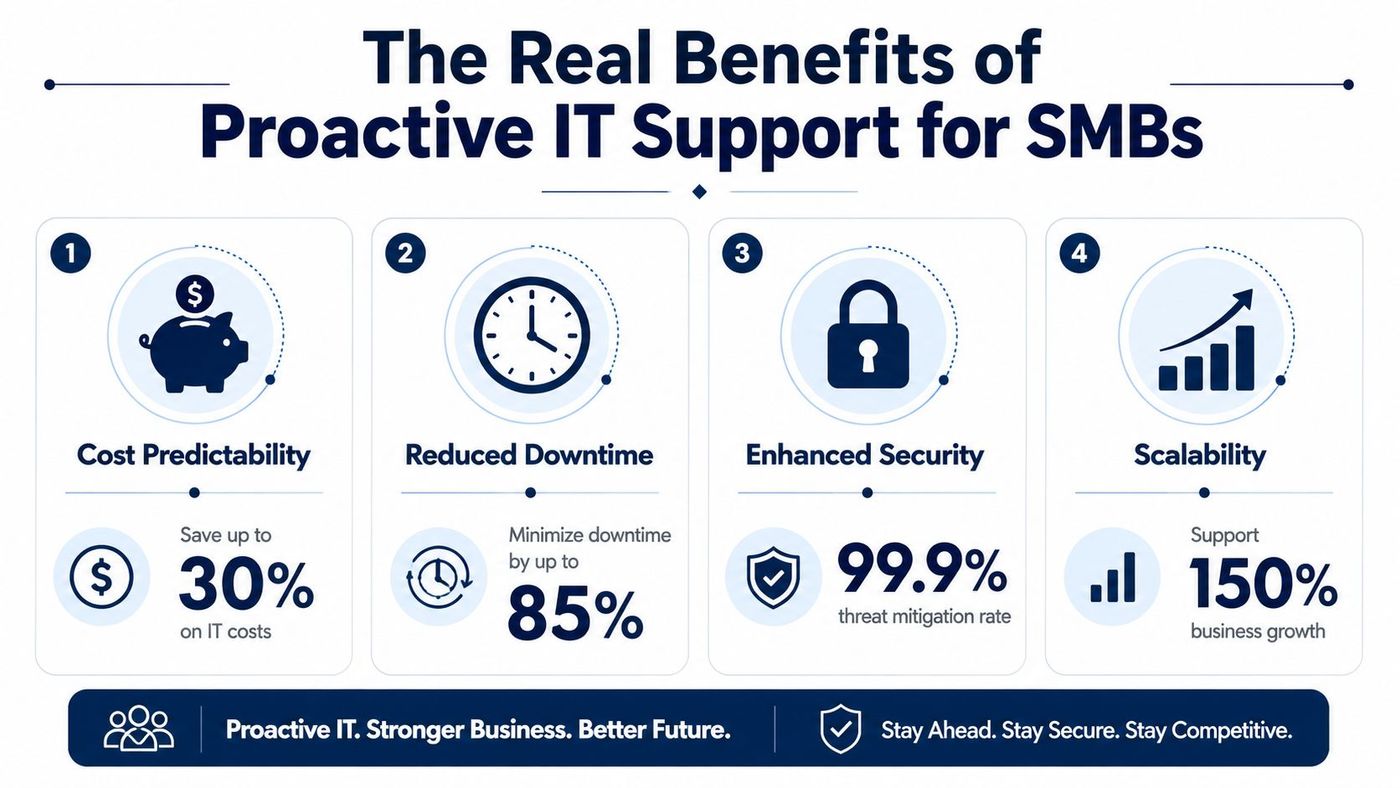 An infographic highlighting four key benefits of proactive IT support for small businesses including cost savings, reduced downtime, enhanced security, and scalability.