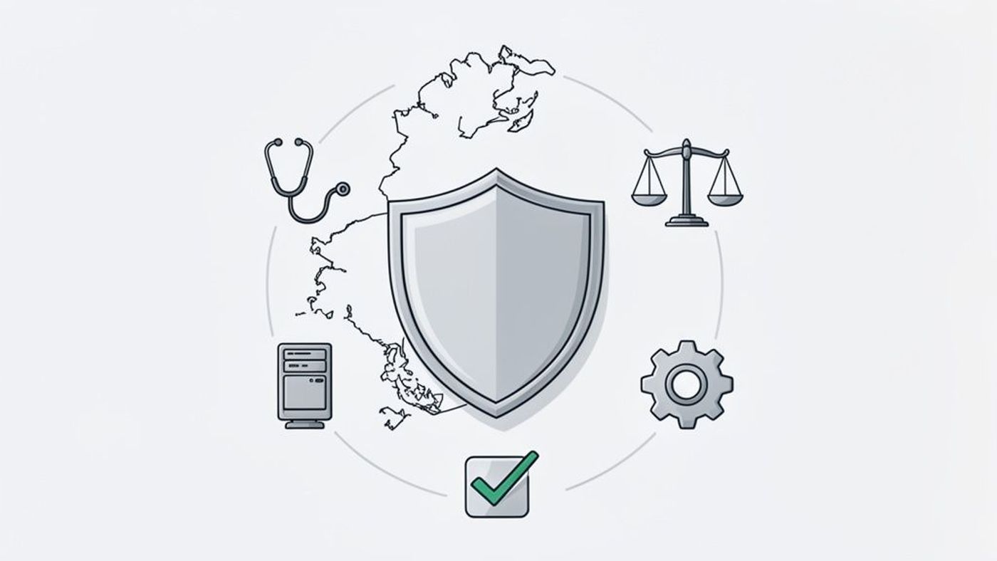 A shield at the center, representing data protection, surrounded by icons for healthcare, law, IT, and compliance, on a map background.