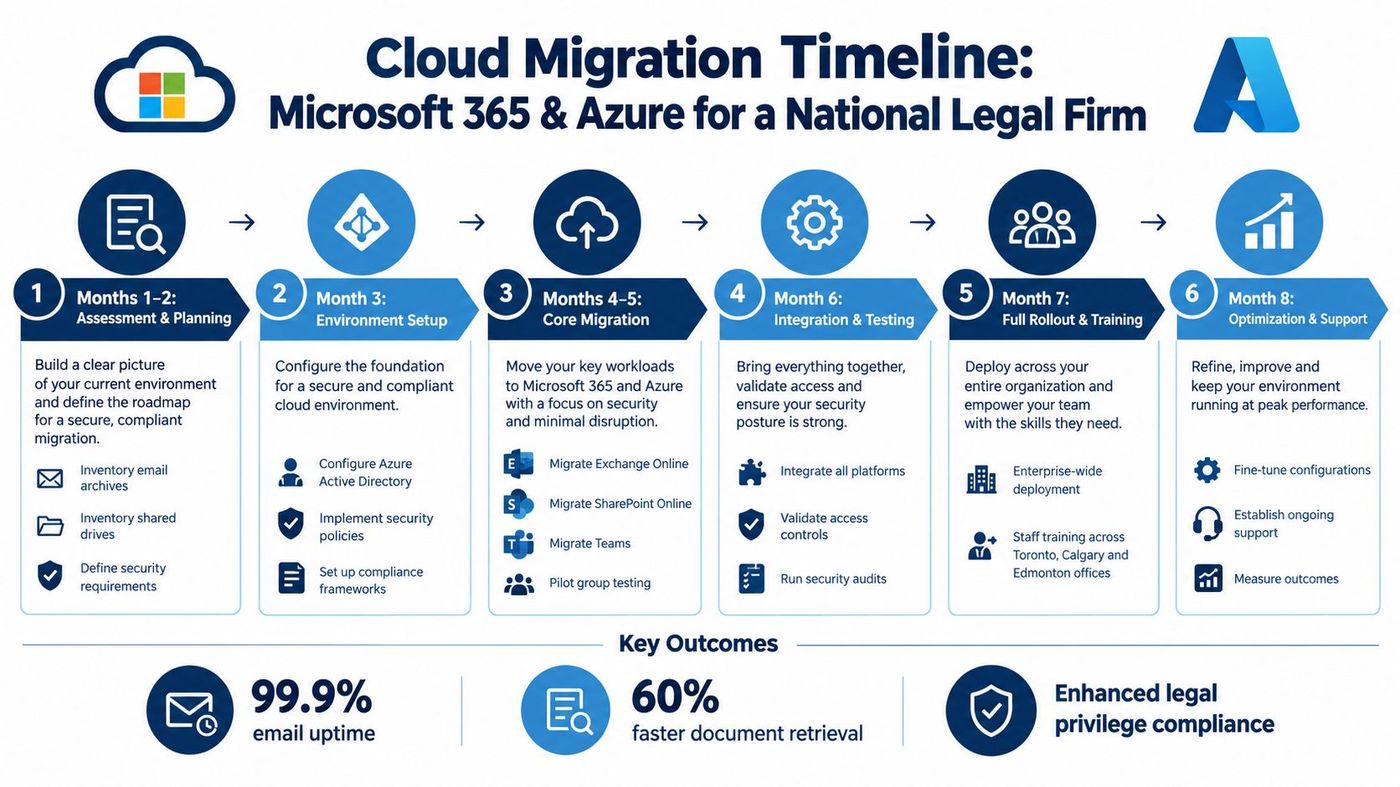 A six-stage timeline infographic illustrating the cloud migration process for a legal firm using Microsoft and Azure.