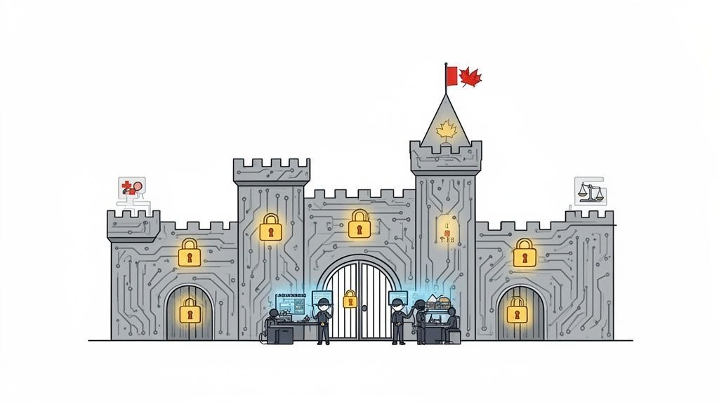 Digital castle representing data security with circuit board patterns, Canadian flag, and security personnel guarding.