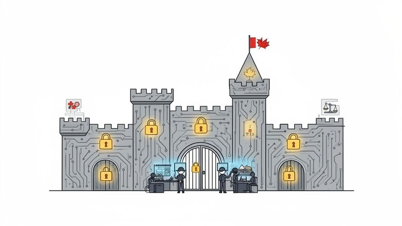Digital castle representing data security with circuit board patterns, Canadian flag, and security personnel guarding.