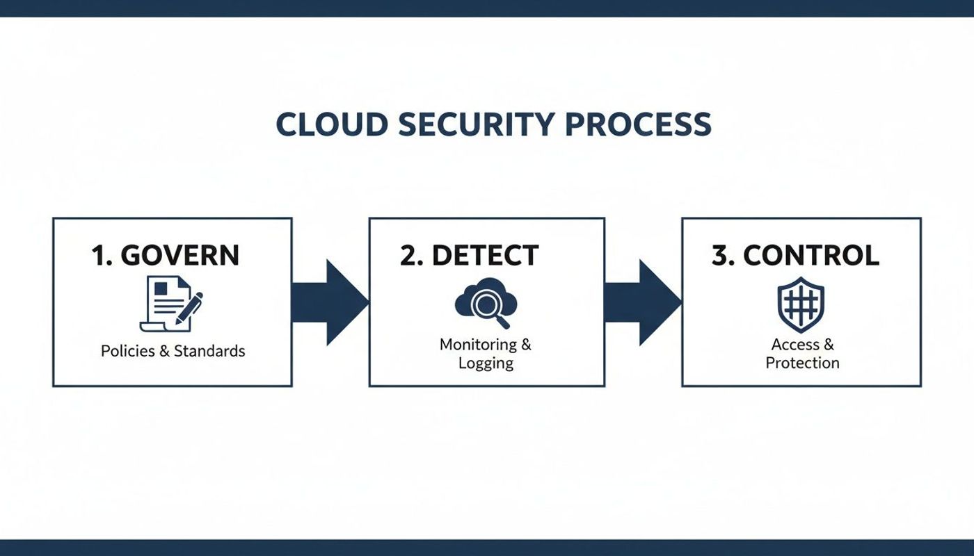 A three-step cloud security process diagram showing Govern, Detect, and Control phases.