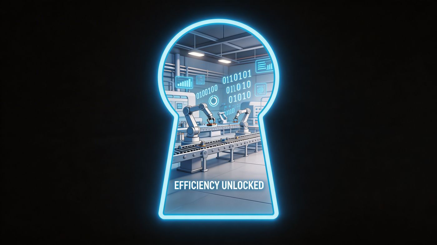 A digital keyhole glowing blue revealing an automated industrial manufacturing factory with robotic arms and data analytics.