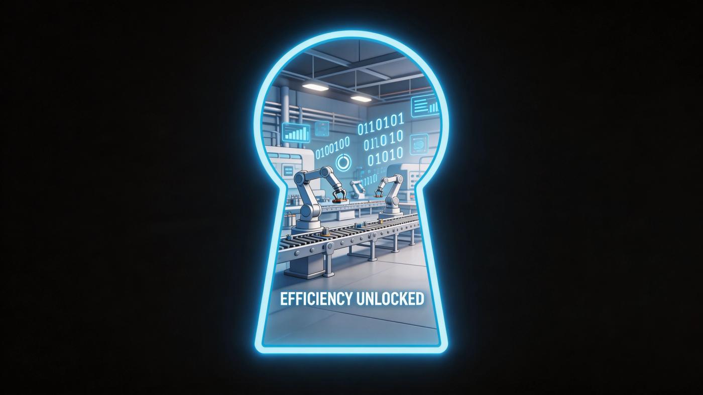 A digital keyhole glowing blue revealing an automated industrial manufacturing factory with robotic arms and data analytics.