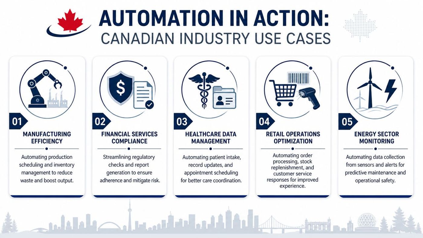An infographic showing five Canadian industry use cases for automation, including manufacturing, finance, healthcare, retail, and energy.