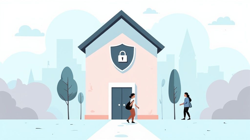 Illustration of a secure home with a lock shield, two women, trees, and a city background.