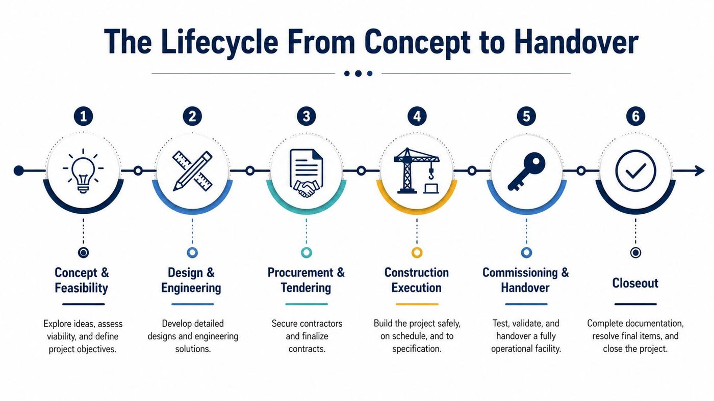 A diagram illustrating the six-step project lifecycle from concept and feasibility to final project closeout.