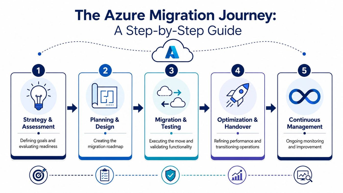 A five-step infographic illustrating the Azure migration journey process from strategy assessment to continuous management.