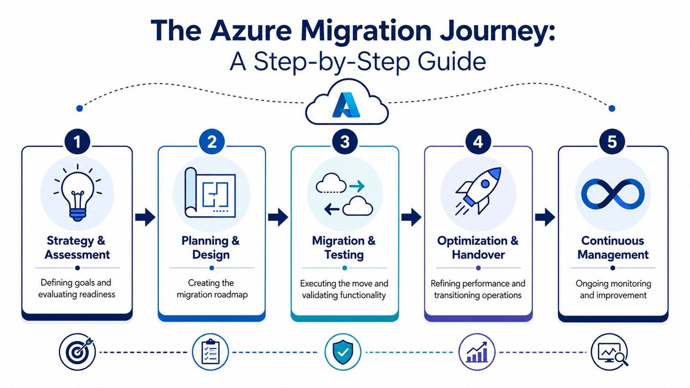 A five-step infographic illustrating the Azure migration journey process from strategy assessment to continuous management.