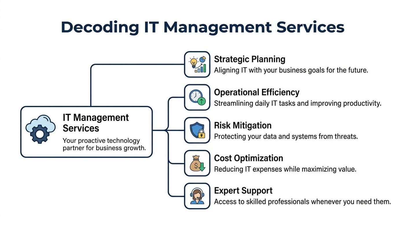 A diagram outlining IT management services including strategic planning, operational efficiency, risk mitigation, cost optimization, and expert support.
