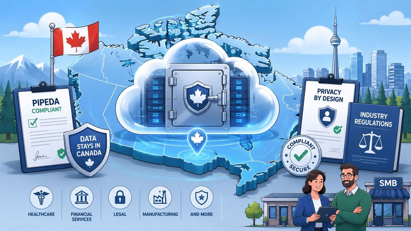 A digital illustration showing a secure Canadian cloud server environment compliant with PIPEDA regulations and data privacy.