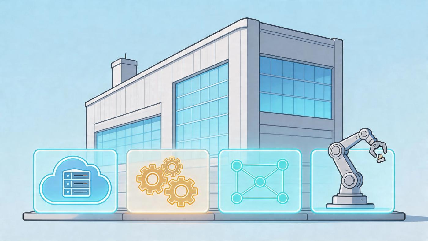 A conceptual illustration of an industrial facility integrated with digital technologies like cloud computing and robotics.