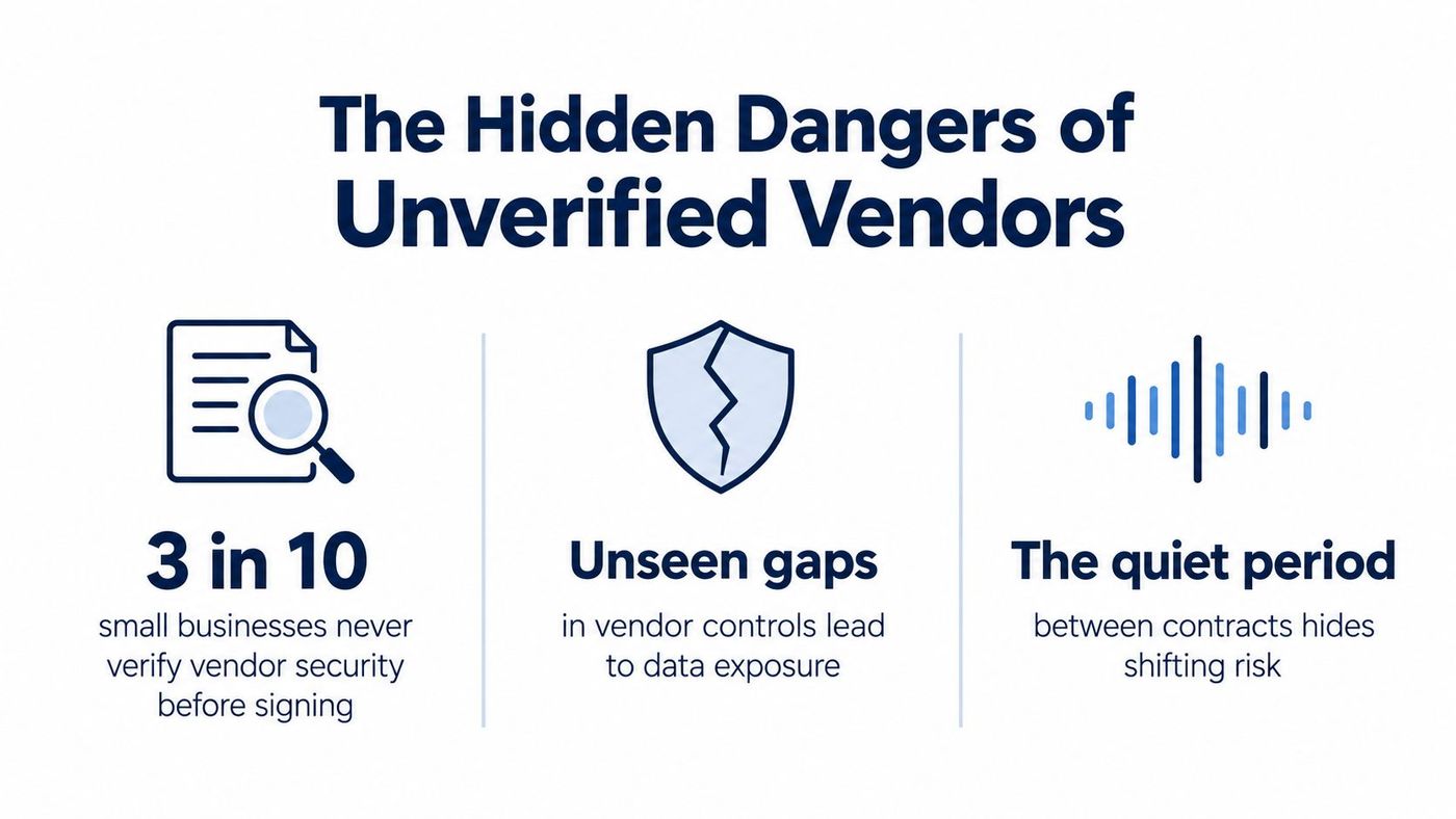 An infographic detailing the hidden security risks associated with failing to verify third-party business vendors.