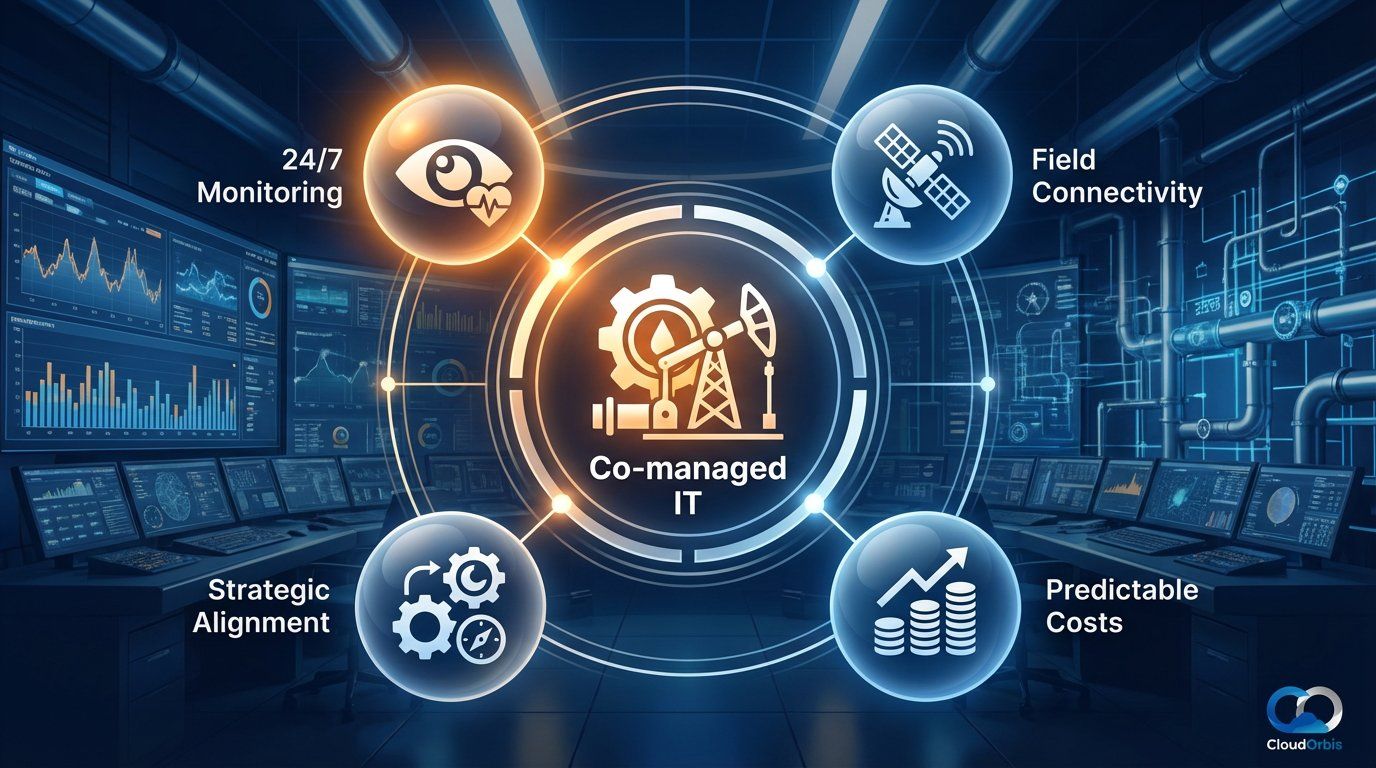 Infographic detailing co-managed IT services, including monitoring, connectivity, strategic alignment, and predictable costs.