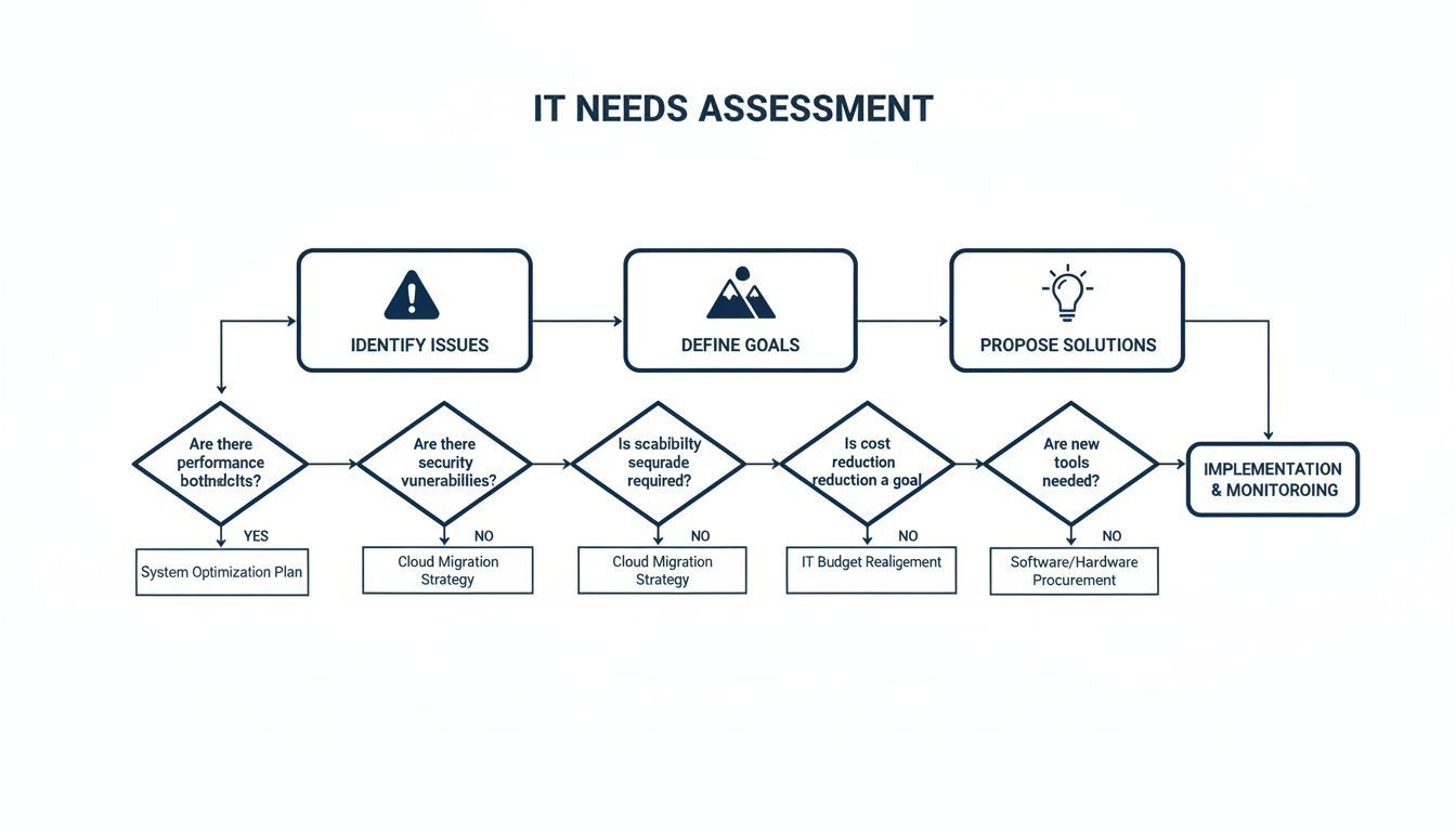 Flowchart illustrating an IT Needs Assessment process, from identifying issues to implementation.