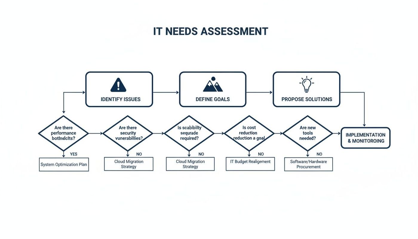 Flowchart illustrating an IT Needs Assessment process, from identifying issues to implementation.