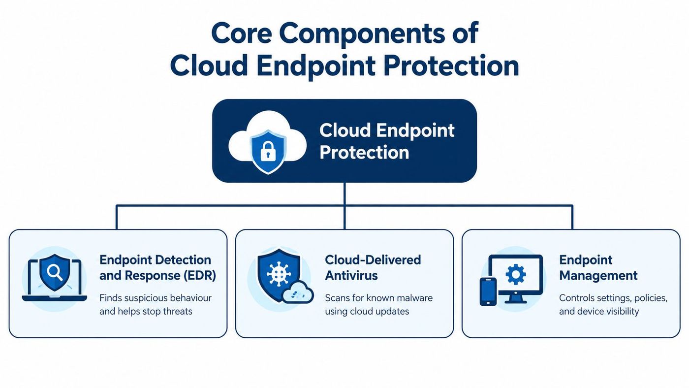 A diagram illustrating the three core components of cloud endpoint protection: EDR, cloud-delivered antivirus, and endpoint management.