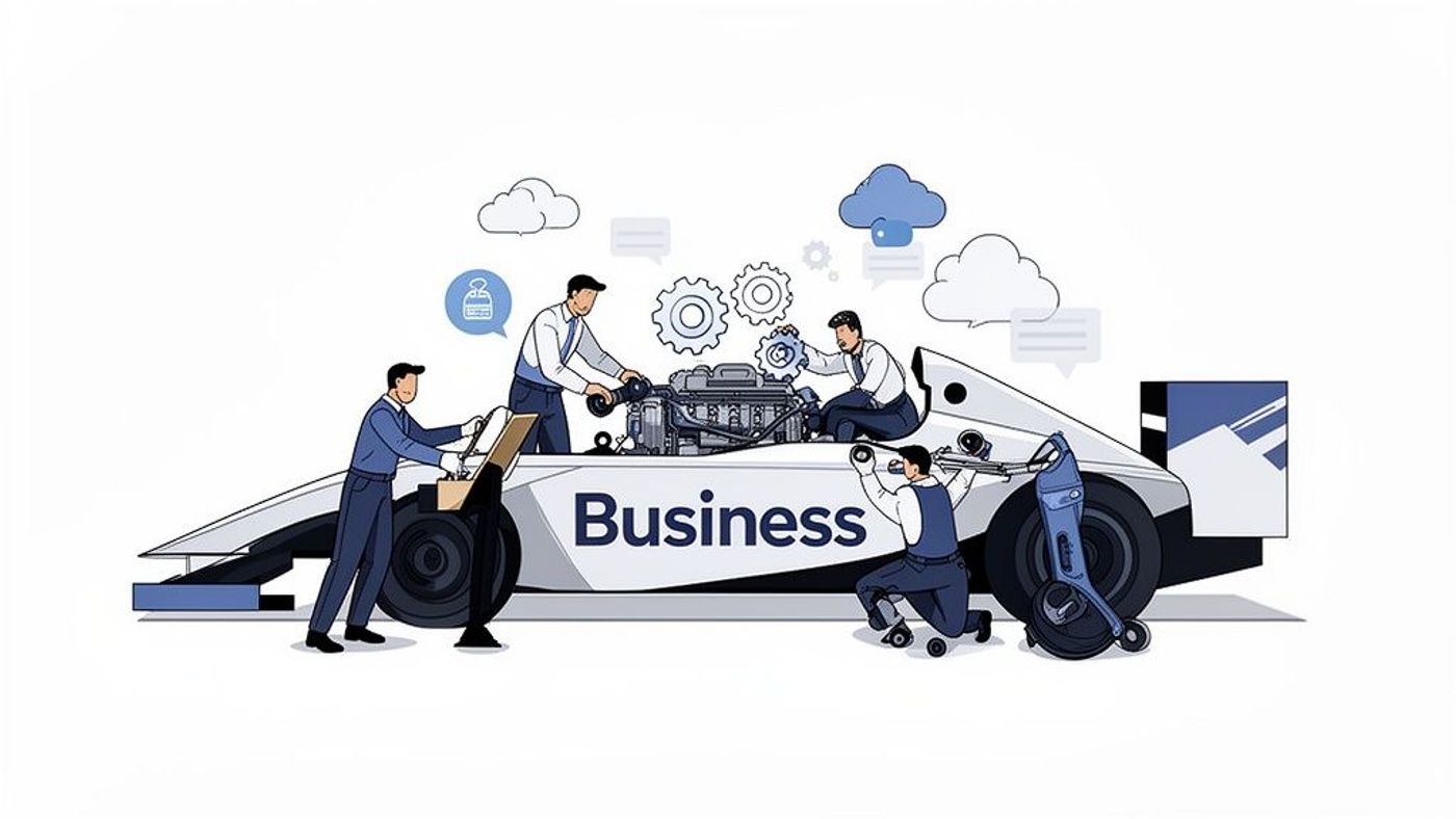 A team of business professionals collaboratively performing system optimization on a race car labeled 'Business'.