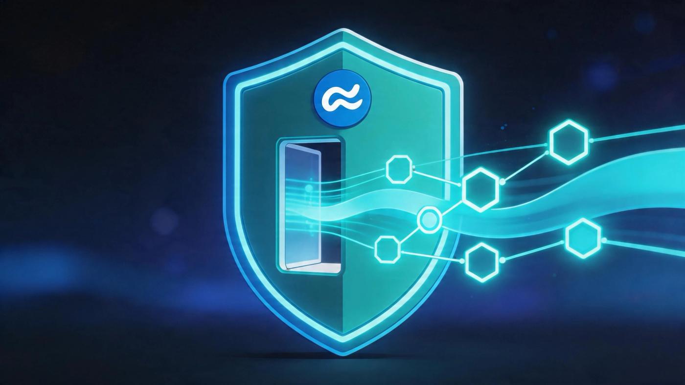 A 3D shield icon protecting a data gateway with glowing blue lines and connected digital nodes.