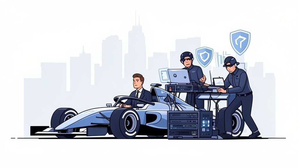 IT technicians working on servers and laptops next to a race car with a businessman, symbolizing cybersecurity.
