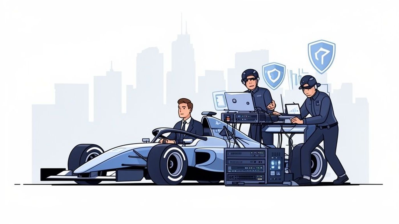 IT technicians working on servers and laptops next to a race car with a businessman, symbolizing cybersecurity.