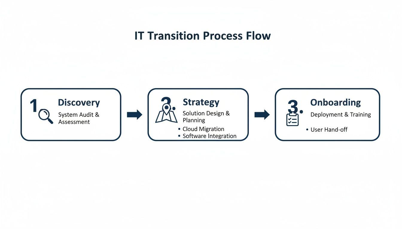 IT Transition Process Flow diagram showing Discovery, Strategy, and Onboarding steps with their key activities.